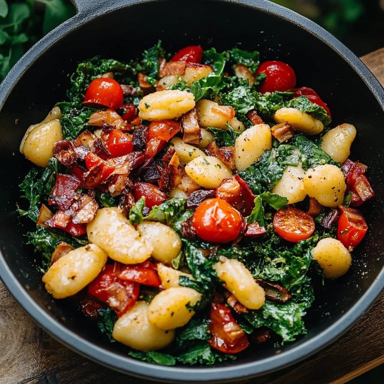 Gnocchi-Grünkohl-Pfanne mit Pilzen und getrockneten Tomaten