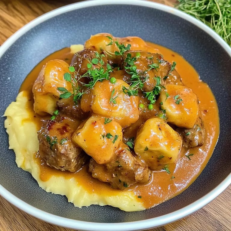 Hackbällchen in cremiger Sauce mit Kartoffelpüree