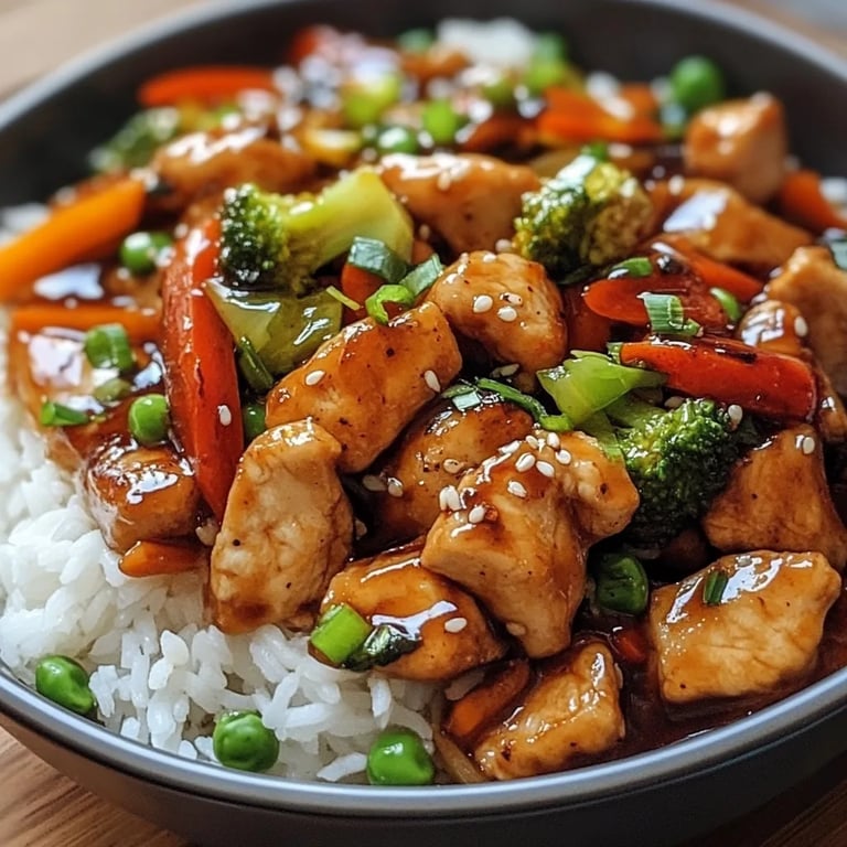 Chinesische Hähnchenpfanne mit Reis