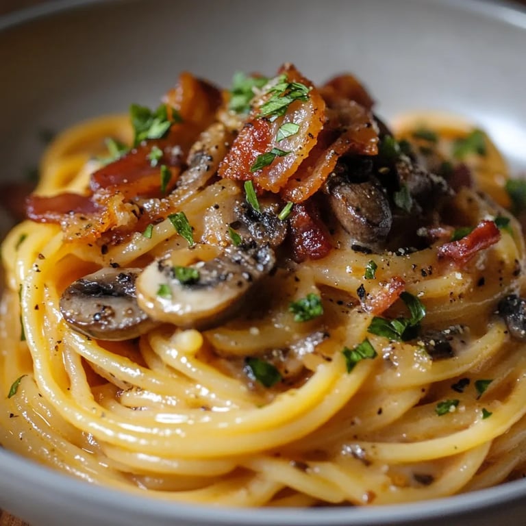 Pumpkin & Mushroom Spaghetti w/ Crispy Bacon