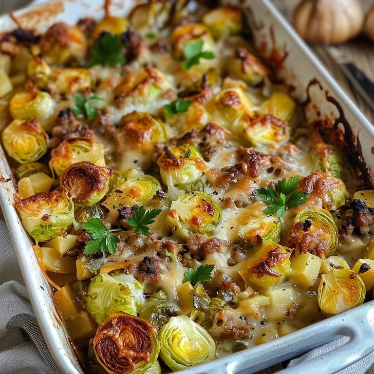 Rosenkohl Auflauf mit Kartoffel und Hackfleisch