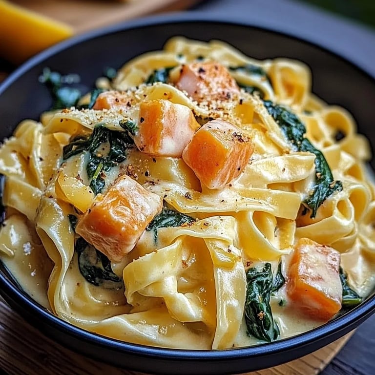 Nudeln in Lachs Sahne Soße mit Spinat