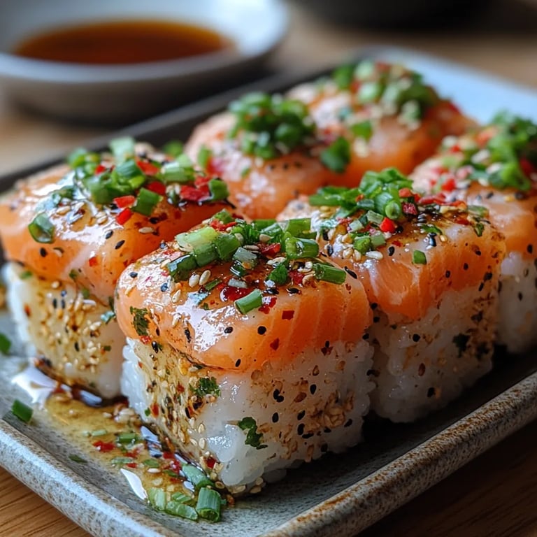 <p>Sushi de Arroz Crujiente con Salmón Ahumado y Salsa Bang Bang: Una Increíble Receta Última</p>