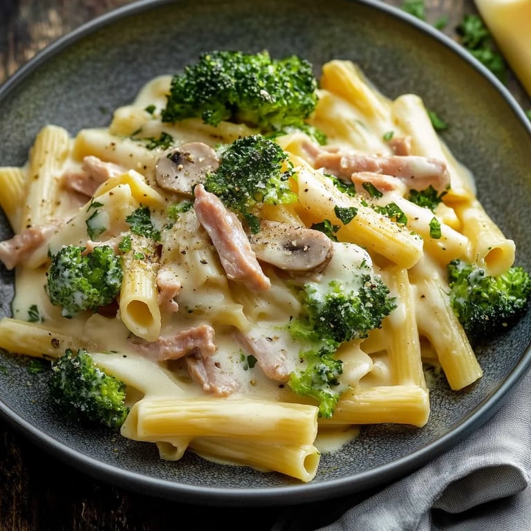 Nudeln in Käse-Sahne-Sauce mit Brokkoli und Schinken