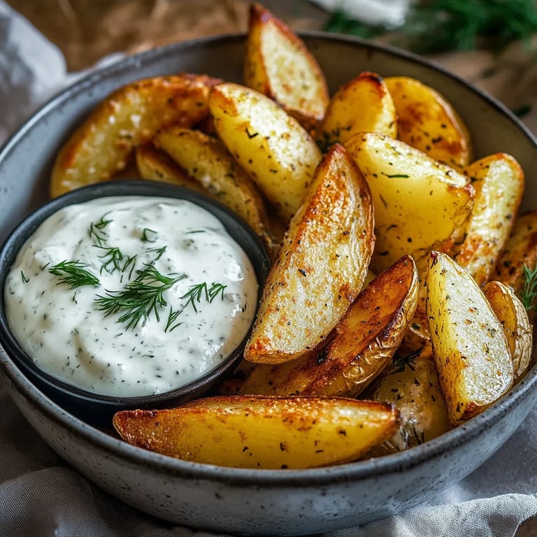 Kartoffelspalten mit Gurkendip