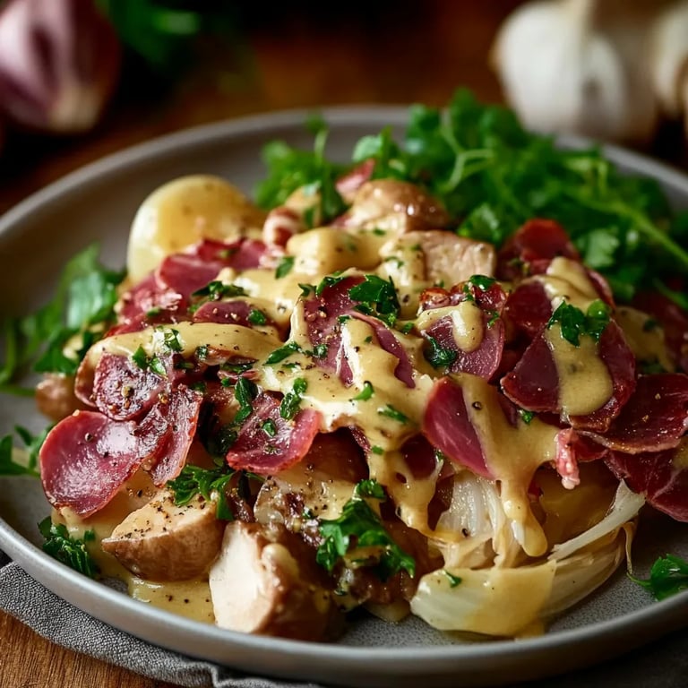 Gebackener Rosenkohl mit Speck und Senfsoße