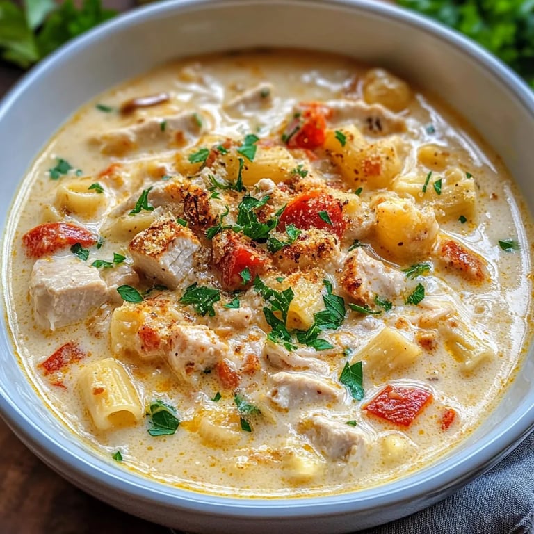 Creamy Parmesan Cajun Chicken Pasta Soup