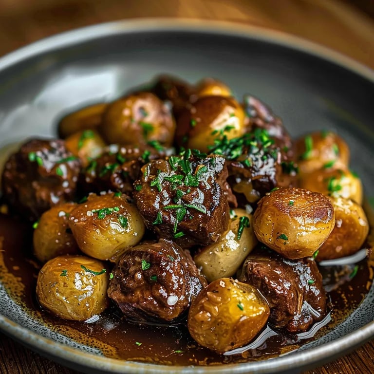 Slow Cooker Garlic Butter Beef Bites & Potatoes