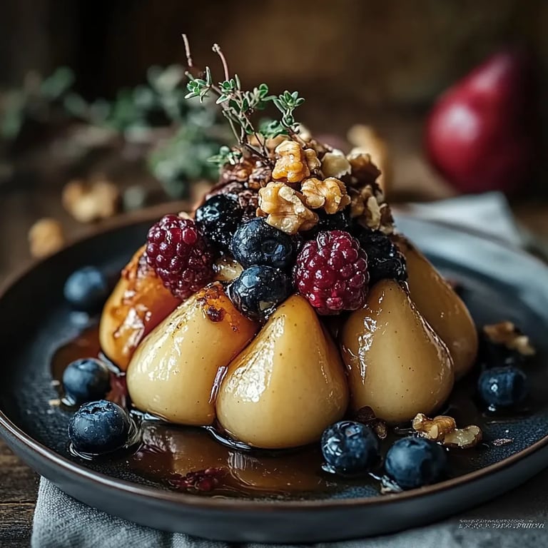 Baked Pears with Berries, Honey, Walnuts & Blue Cheese