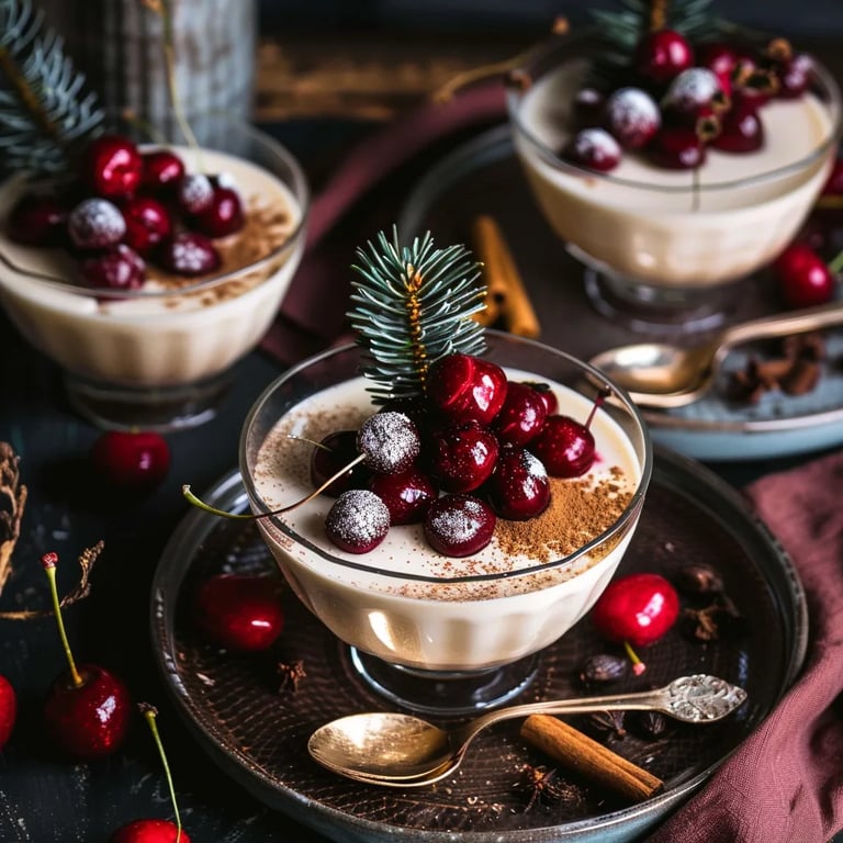 Lebkuchen Panna Cotta mit Glühweinkirschen