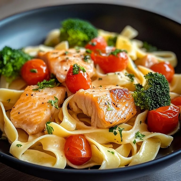 Cremige Pasta Mit Lachs, Brokkoli Und Tomaten
