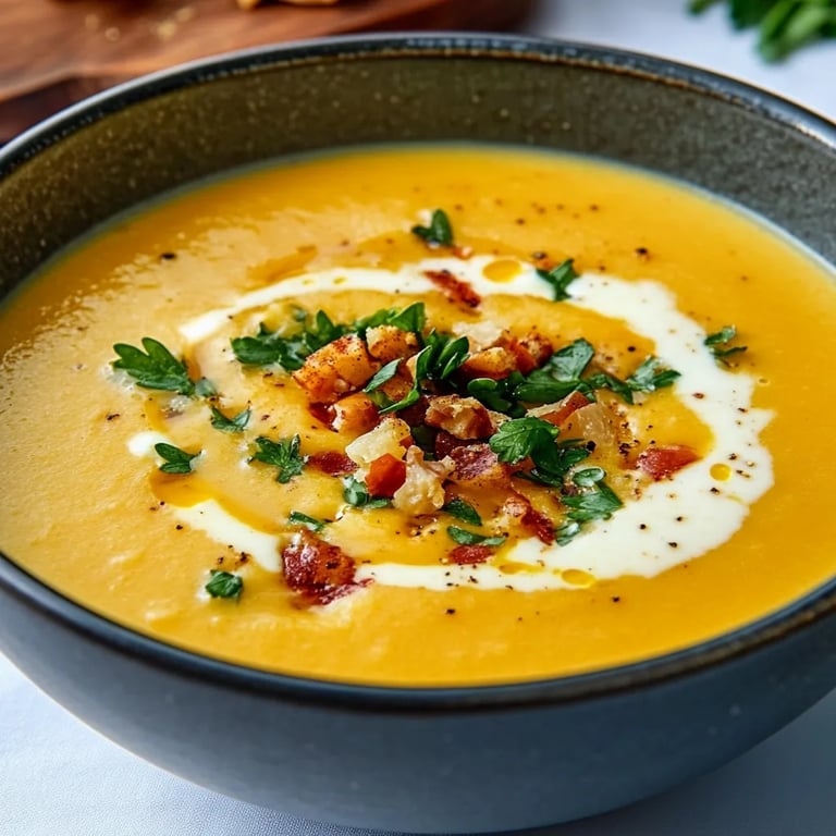 Süßkartoffelsuppe mit Speckwürfeln & Walnüssen