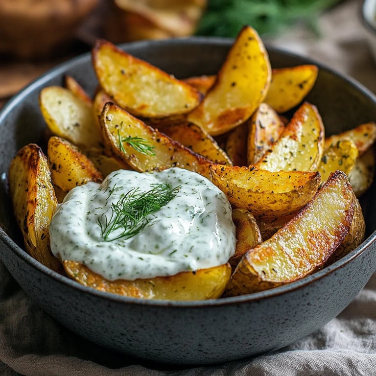 Kartoffelspalten mit Gurkendip