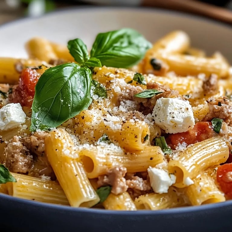 Rigatoni in Hack-Feta-Creme