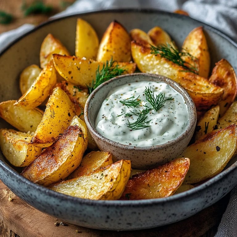 Kartoffelspalten mit Gurkendip