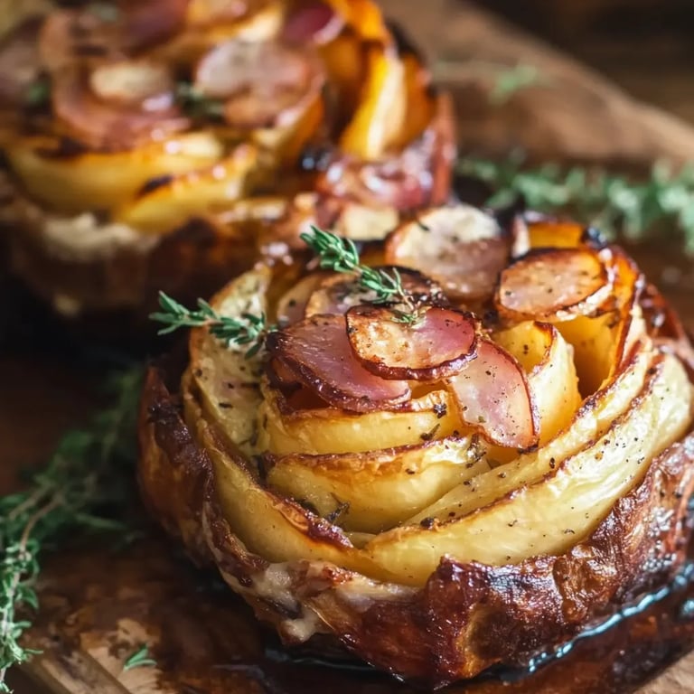 Ofenkartoffelrosen mit Rinderbauch und frischen Kräutern