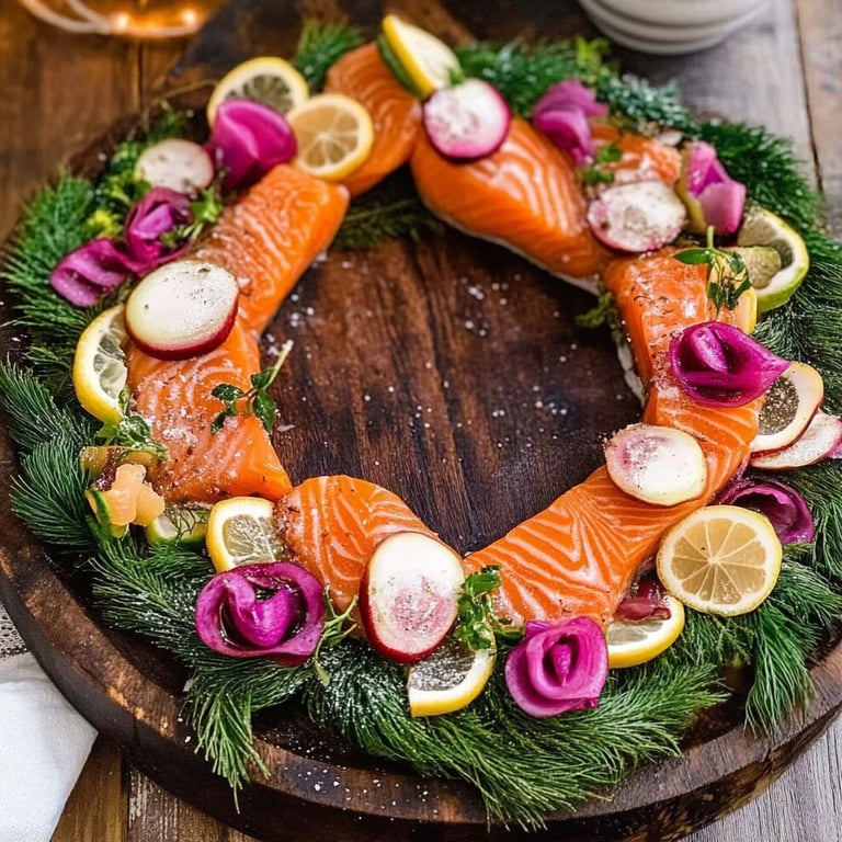 Weihnachtskranz aus geräuchertem Lachs