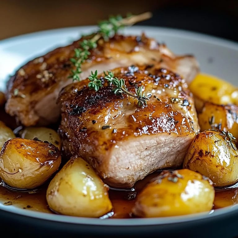 Zarter Schweinenacken mit Äpfeln und Zwiebeln