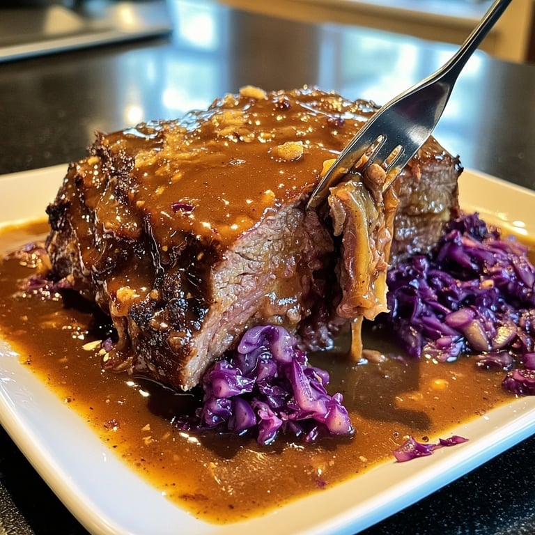 Deftiger Hausmannskost-Rinderbraten mit Rotkohl