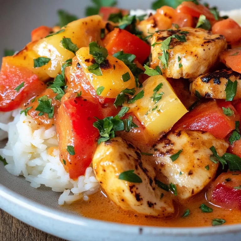 Paprika-Sahne-Hähnchen mit Reis