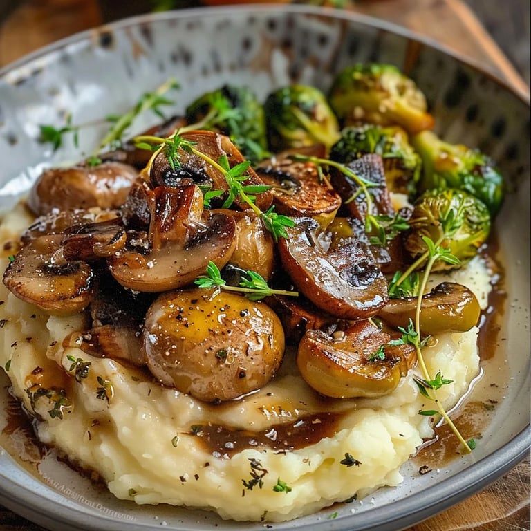 Pilzpfanne Rosenkohl Kartoffelpüree