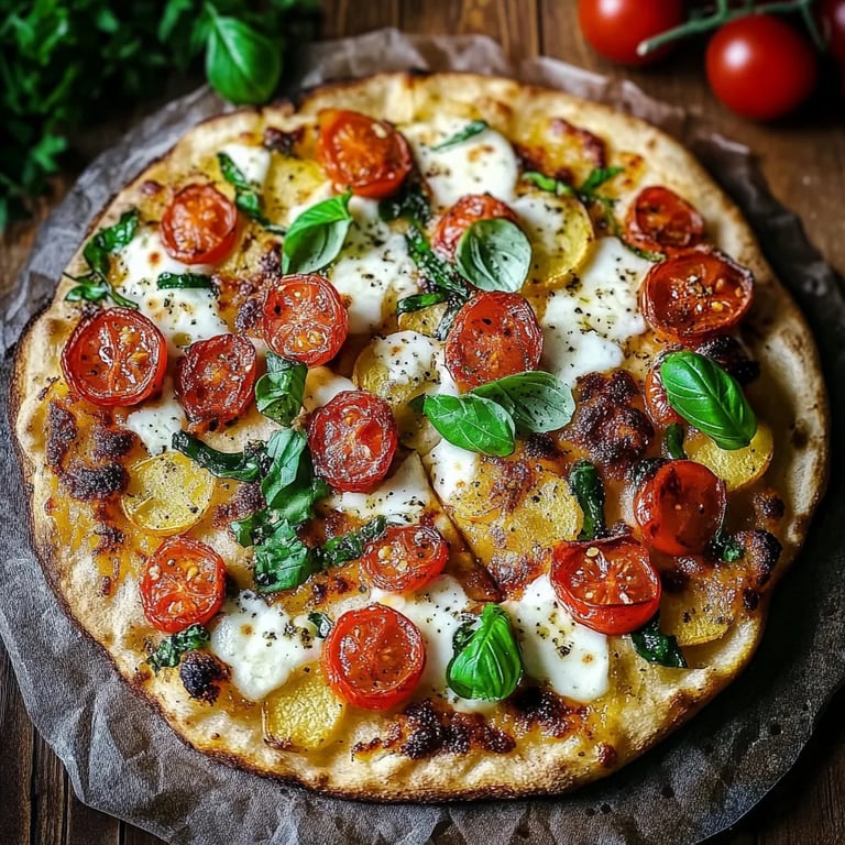Knusprige Kartoffelpizza vom Blech mit Tomaten und Rucola