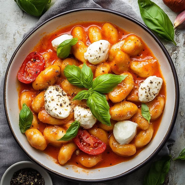 Gnocchi Pfanne mit Tomate, Mozzarella und Basilikum