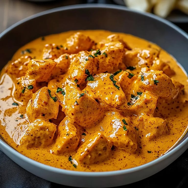 Butter Chicken mit Knoblauchsauce und knusprigen Pommes