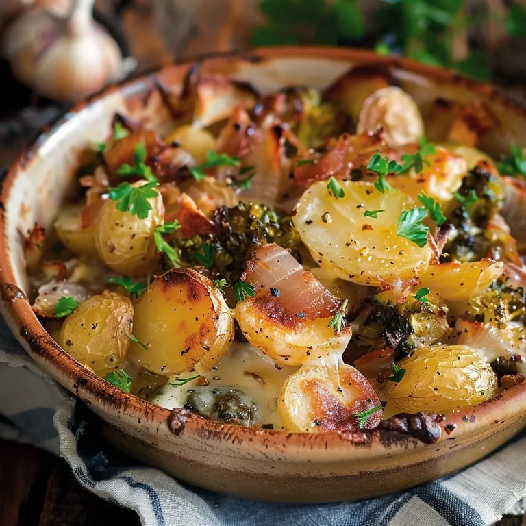 Kartoffel-Rosenkohl-Auflauf mit Speck