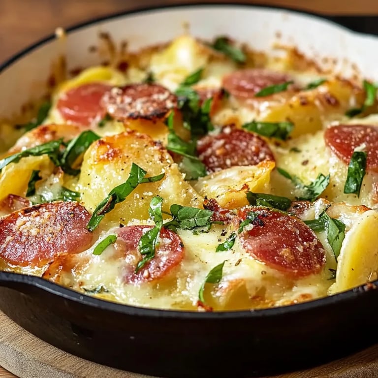 Spitzkohl-Kartoffel-Gratin mit Cabanossi