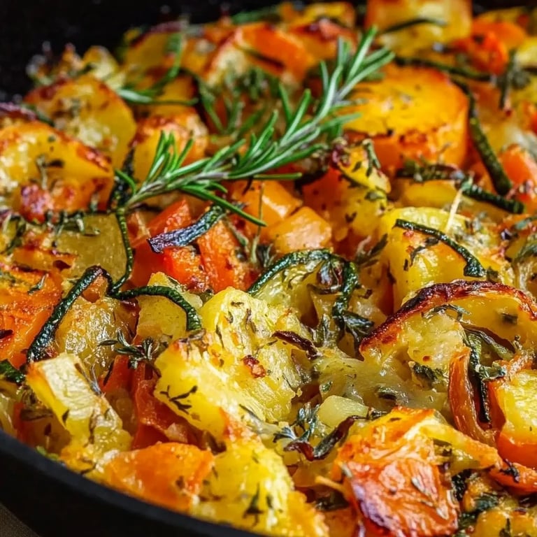 Vegetarischer Kartoffelauflauf mit Zucchini, Karotten und Zwiebeln
