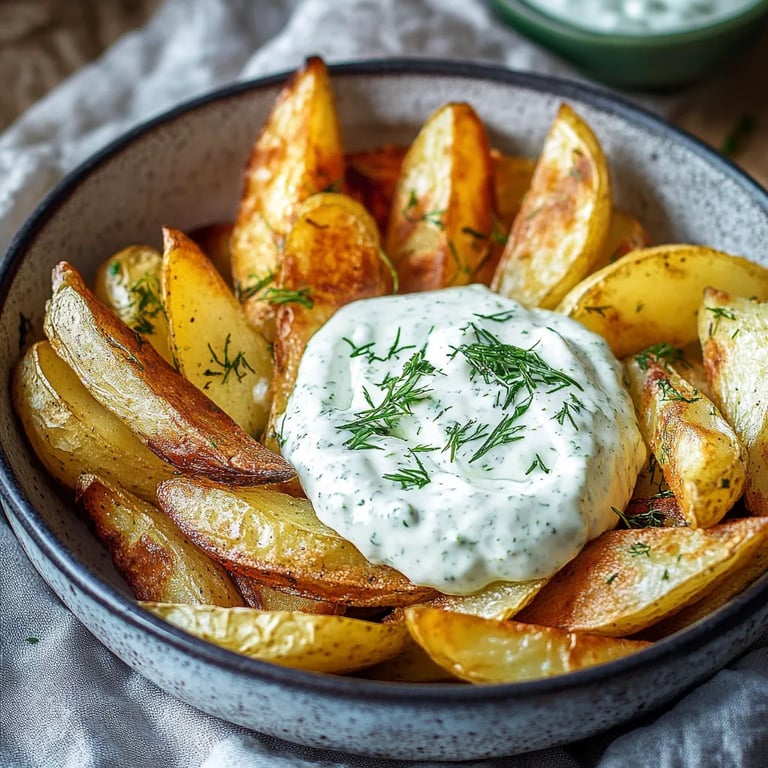 Kartoffelspalten mit Gurkendip