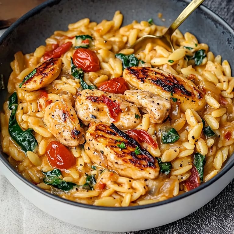 Cremiges Hähnchen mit sonnengetrockneten Tomaten und Orzo