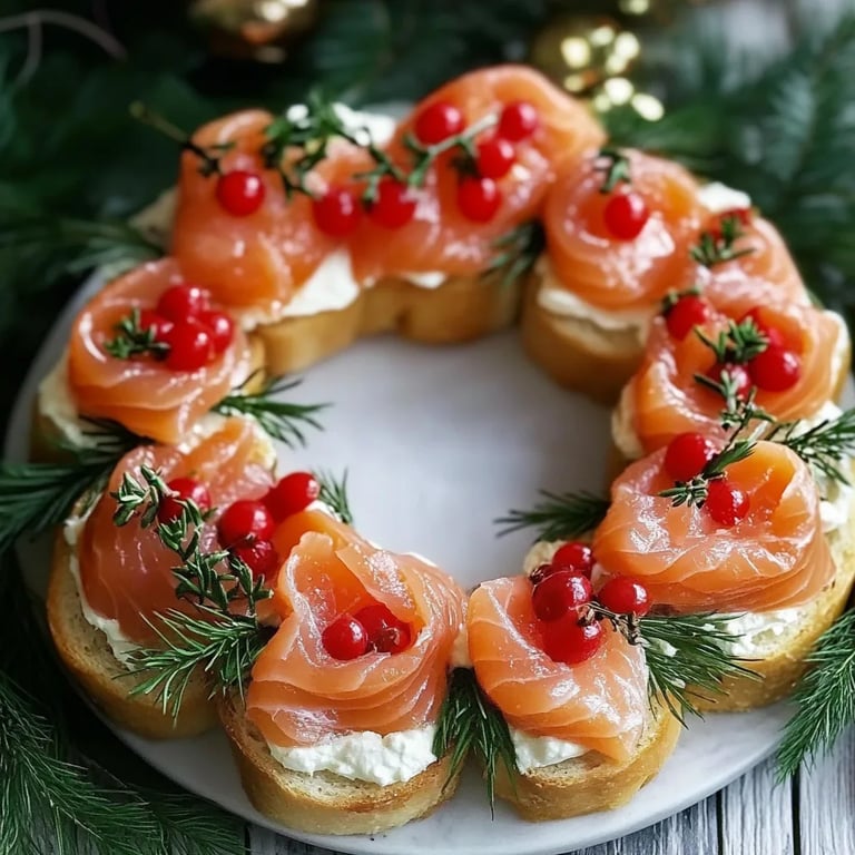 Weihnachts-Geräucherter Lachs Bruschetta Kranz
