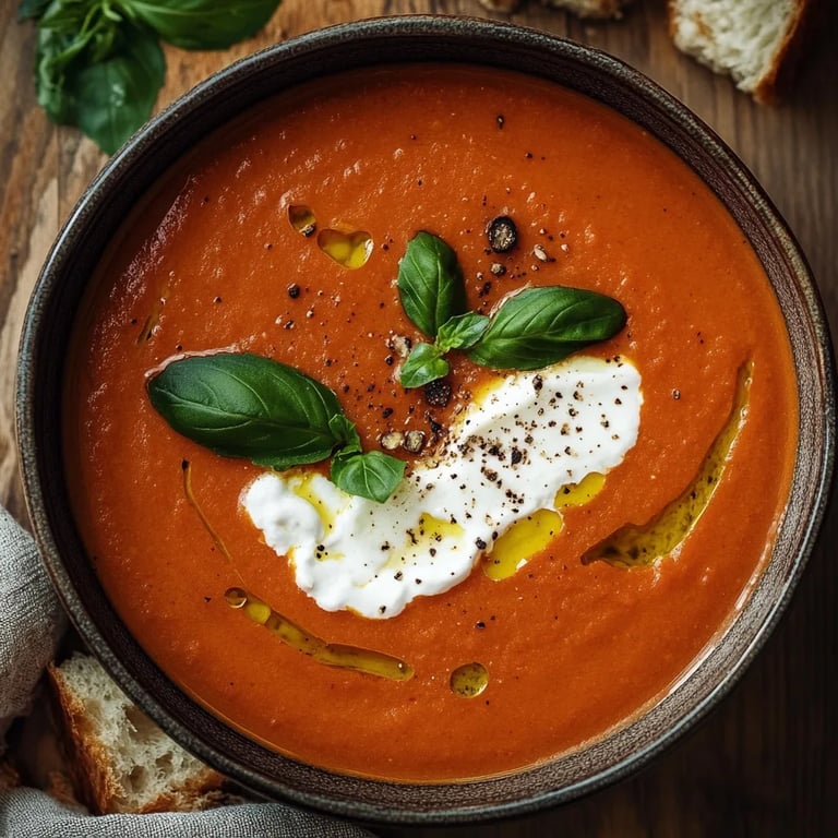 Ofengeröstete Tomatensuppe mit Burrata und Knoblauchbrot