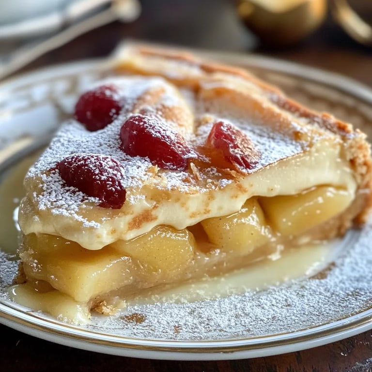 Apfel-Amarettini-Kuchen und Puddingsahne