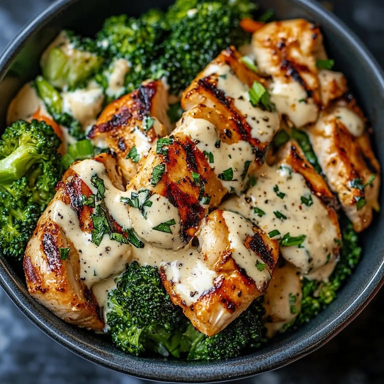 Grilled Chicken & Broccoli Bowls with Creamy Garlic Sauce