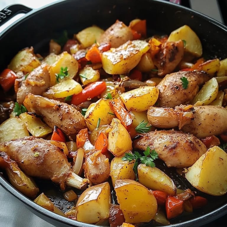 Hähnchenschenkel mit Gemüse und Kartoffeln aus dem Ofen