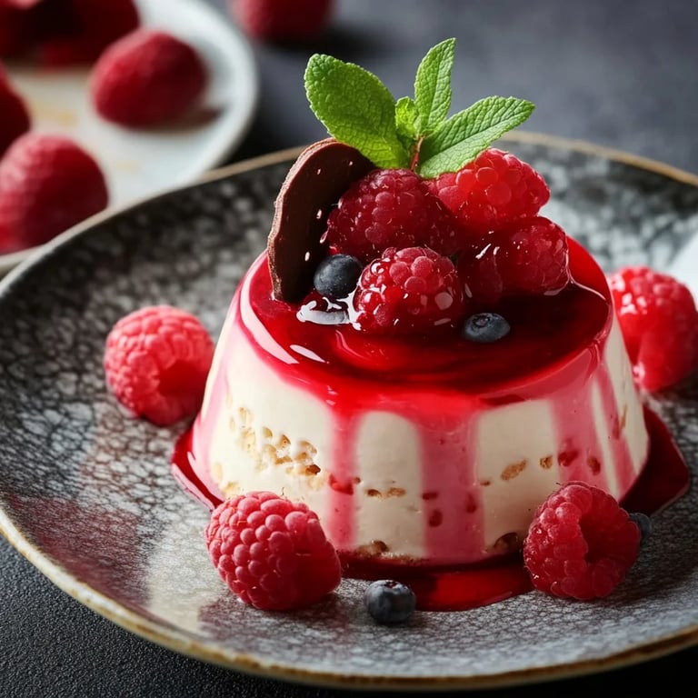 Schokokuss-Dessert mit Himbeeren