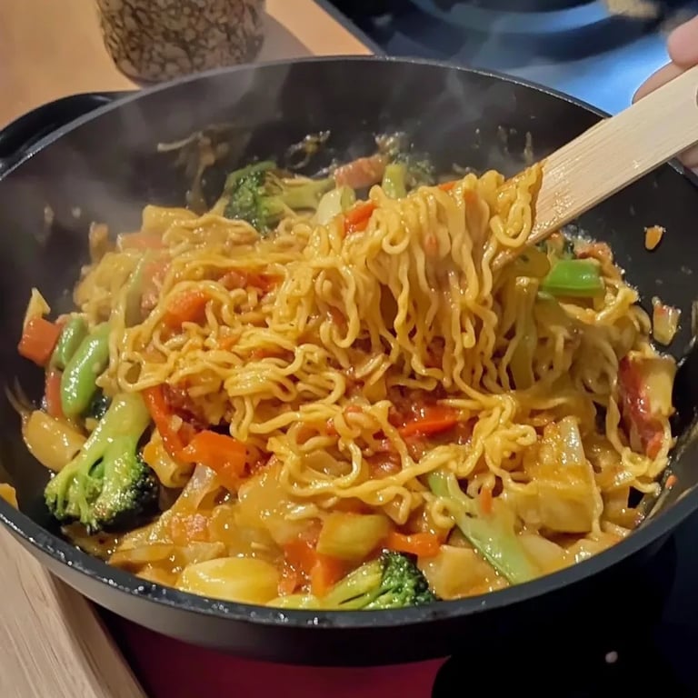 Mie Nudeln mit Erdnusssauce und Gemüse