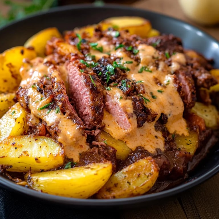 Gebratenes Fleisch und Cheddar-Pommes