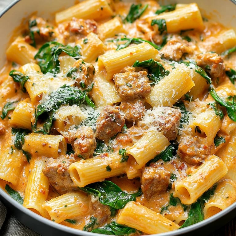 Cremige Wurst-Rigatoni mit Spinat, Knoblauch und Tomatensahnesauce