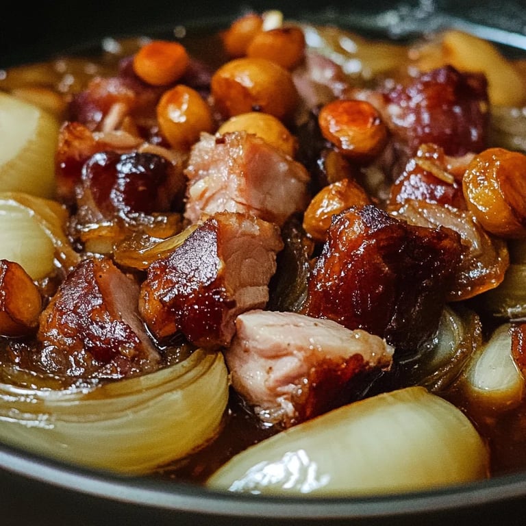 Beer Glazed Onions and Salt Pork