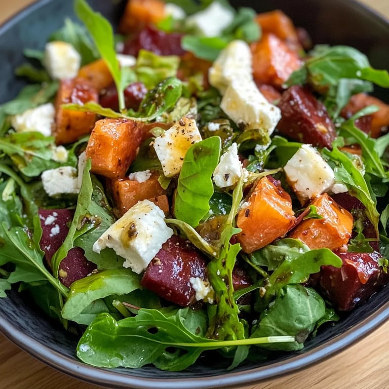 Winter-Salat mit Rinderbauchspeck, Feta, Süßkartoffel, Kichererbsen und Balsamico-Dressing