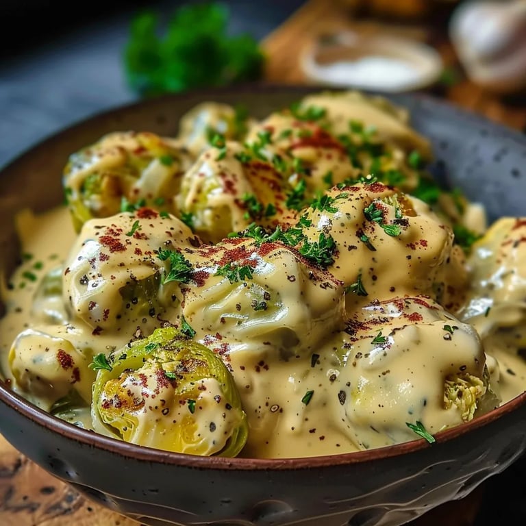 Rosenkohl in cremiger Frischkäse-Senfsauce