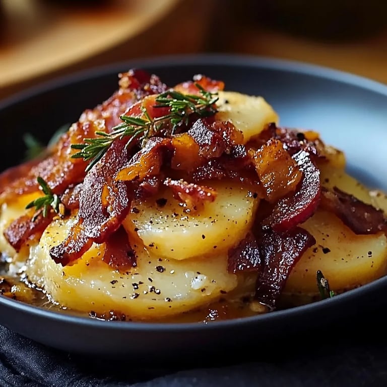 Kartoffelpüree mit karamellisierten Zwiebeln und Rinderbacon