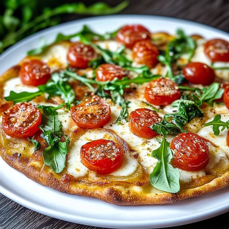 Knusprige Kartoffelpizza vom Blech mit Tomaten und Rucola
