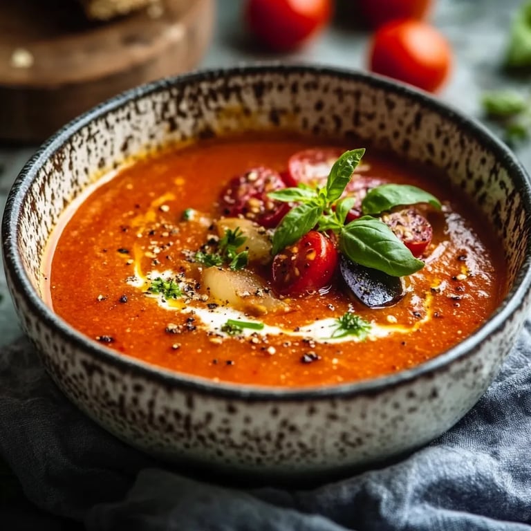 Sommertomaten-Suppe mit gerösteten Tomaten und frischen Kräutern