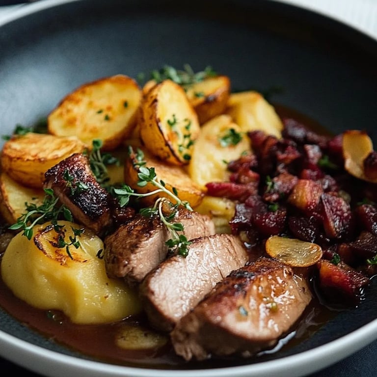 Rehrücken mit Kartoffelpüree, Sauce und Feldsalat
