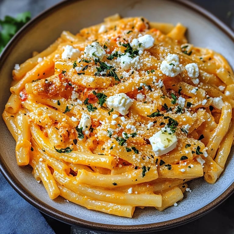 Pasta mit Kürbissoße und Feta